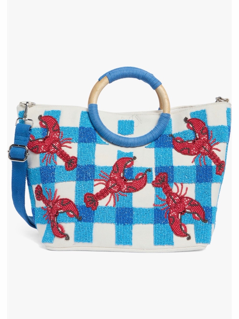 NWT Sol & Mer Collection XIIX Beaded East West Lobster Gingham Handle Tote Bag